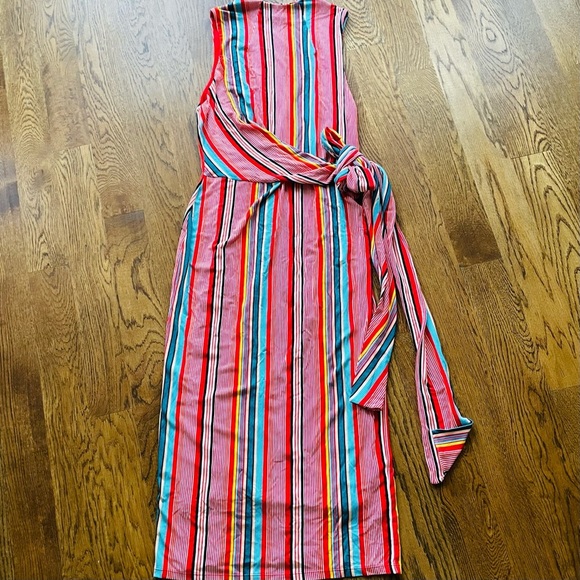 Alice and Olivia Sports Muiltistripes Delora Tie Waist Mock Neck Jersey Midi - Picture 13 of 15